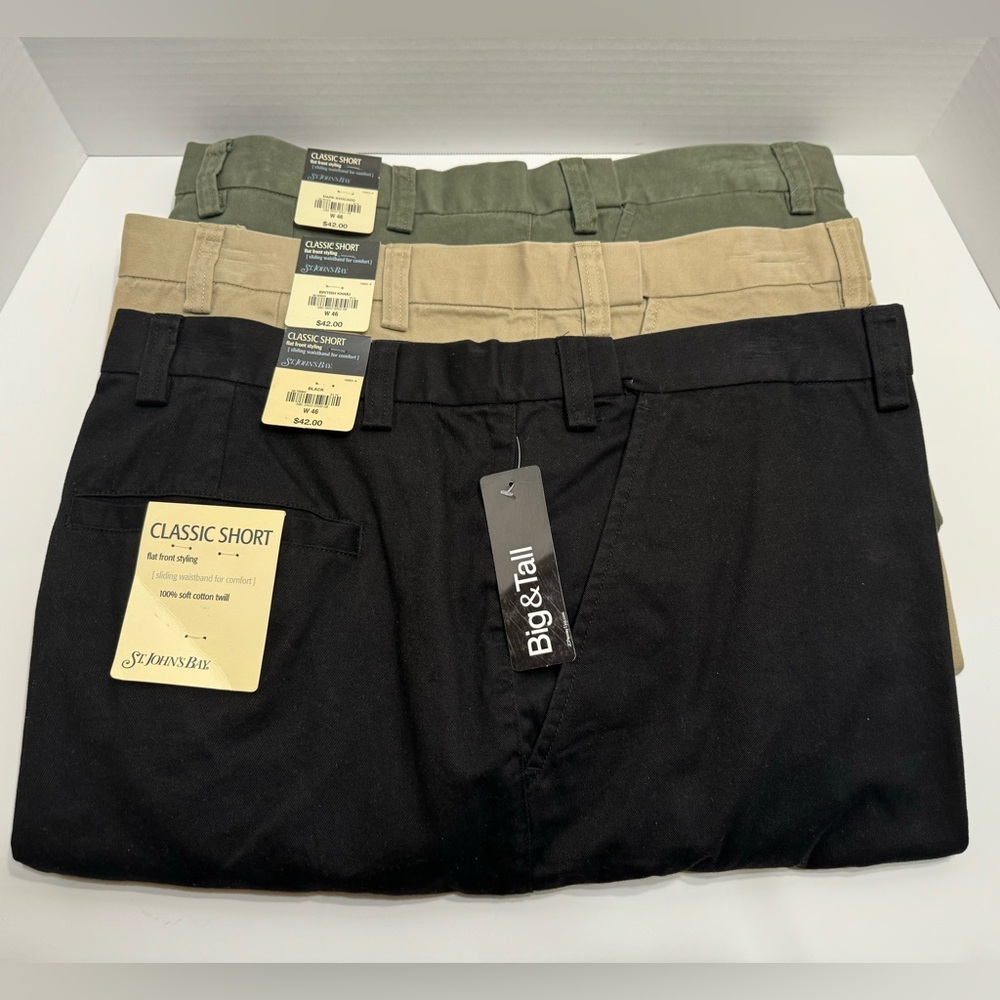 NWT THREE (3) PAIRS OF ST. JOHN’S BAY, BIG & TALL SHORTS, SIZE 46, W/FLAT FRONTS